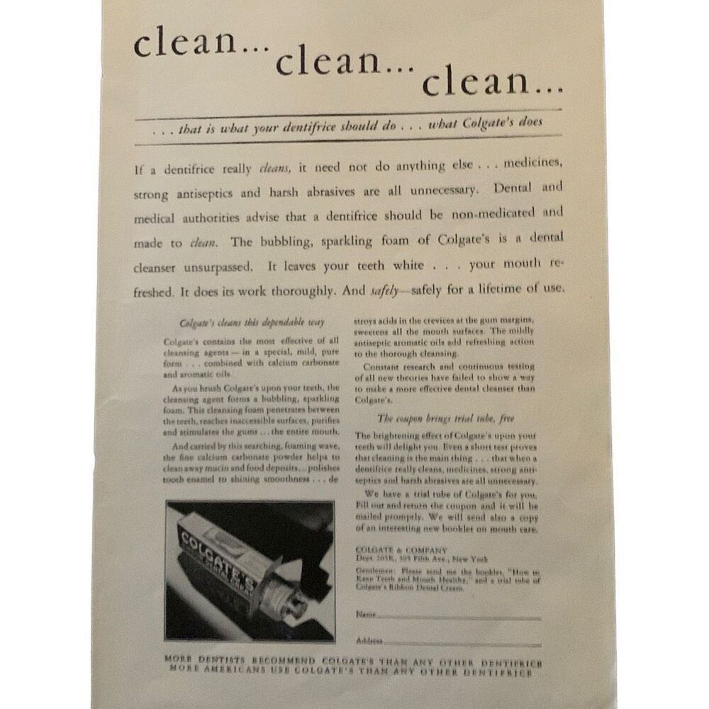 Vintage 1928 Colgate Clean Clean Clean Ad Advertisement